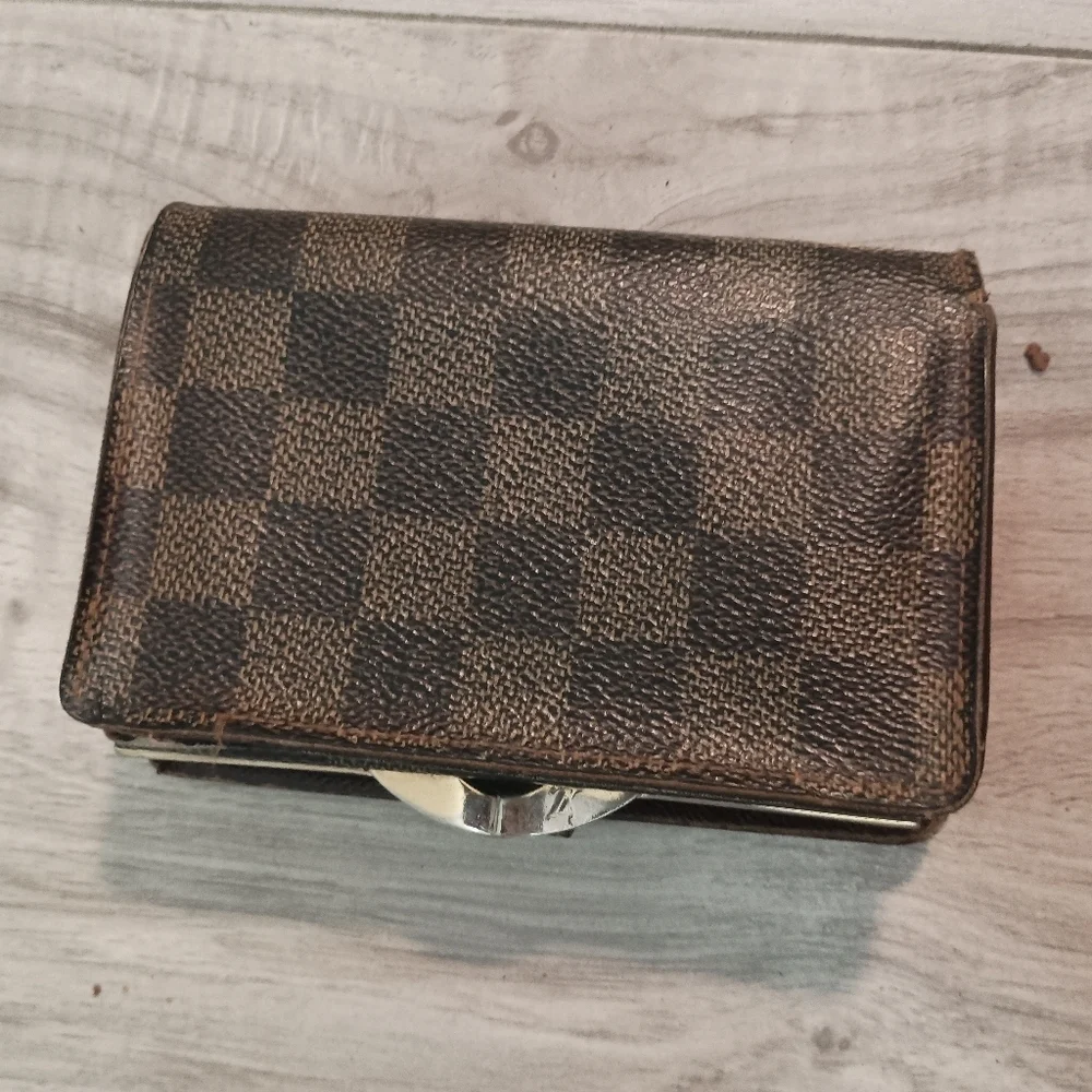 Auth Louis Vuitton LV Damier Vienois Wallet w/ Gold Fittings Canvas Brown